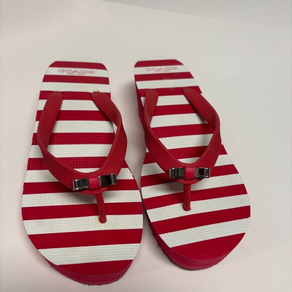 Coach Loralyn Wedge Flip Flop Sandals Striped Pop Pink White - Picture 1 of 5